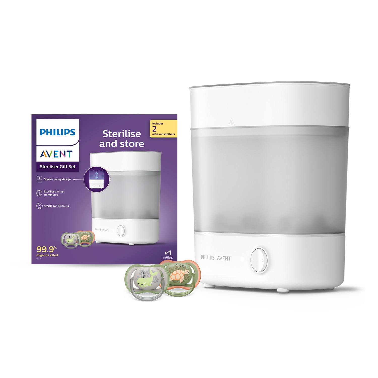 AVENT Sterilizer With Ultra Air Soother Combo|No.1 Brand Recommended by Moms Worldwide|Kills 99.9%* Germs In 10 mins Cycle With Natural Steam SterilizationIStays Sterile Upto 24hrs|SCF291/20 ,1 Count