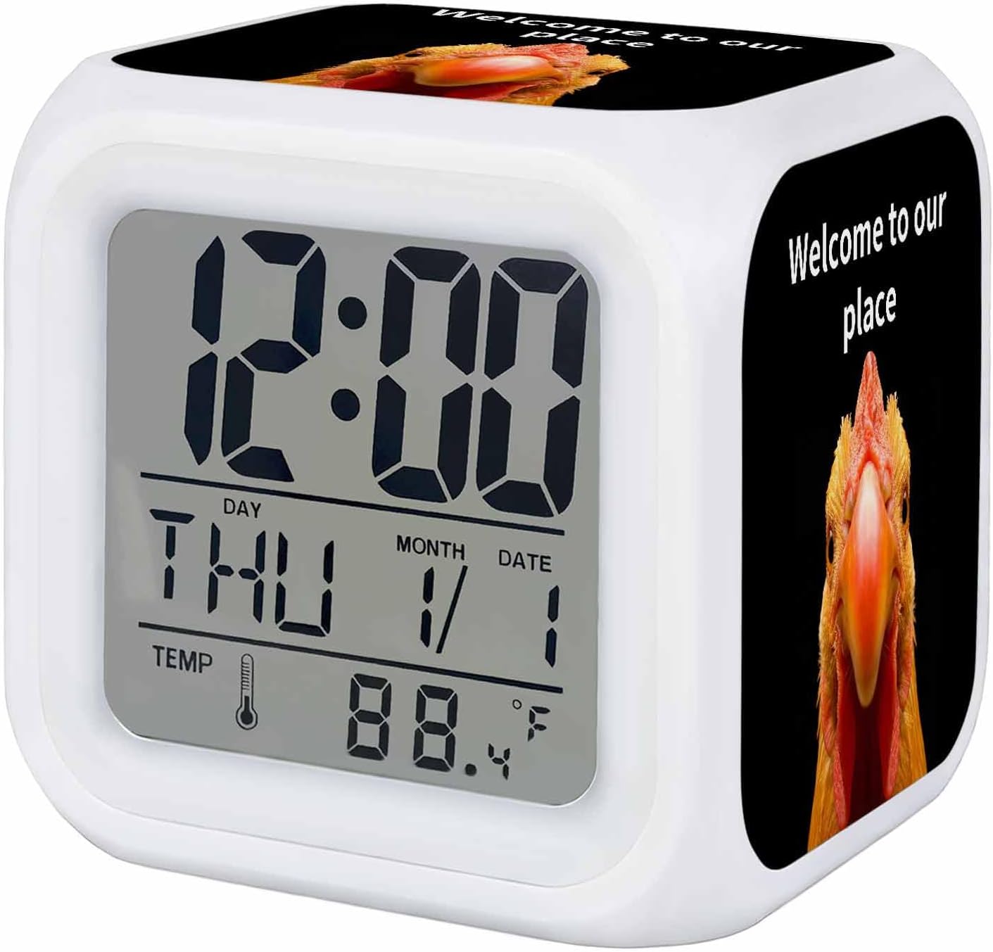 Funny Cock Alarm Clock, Welcome to Our Place Digital Clock Night Light with 7 Color, Calendar Temperature 12/24H Display, Snooze Model Silent Desk Clocks for Bedroom