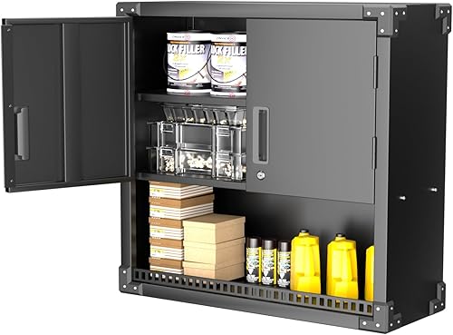 Aobabo Gabinete de almacenamiento de pared de metal con cerradura, armarios de pared de garaje negros con 2 puertas y 1 cajón para almacenamiento en