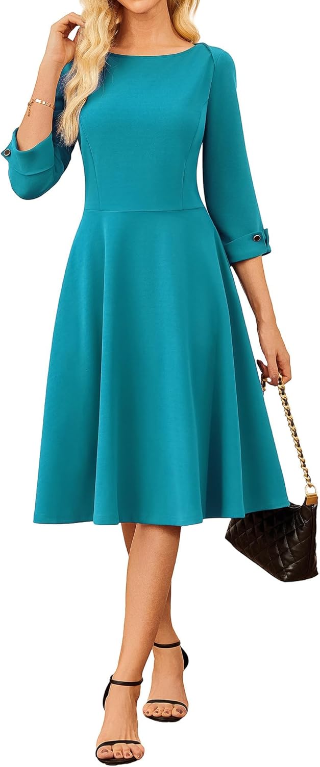 GRACE KARIN Work Dresses for Women 2025 3/4 Sleeve Fit and Flare Business Midi Dress Classy Office Dresses with Pockets