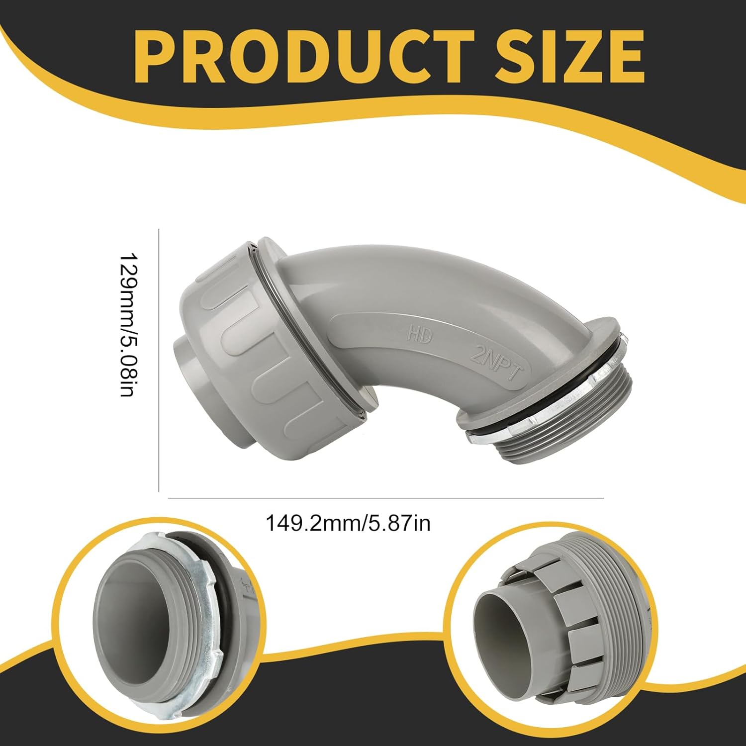 Conduit Connectors, 2-Inch Liquid Tight Connector NPT Non-Metallic for PVC Electrical Flexible Conduit Fittings, 90 Degree, UL Listed for Home Outdoor Tubes Tools, Grey (5-Pack)
