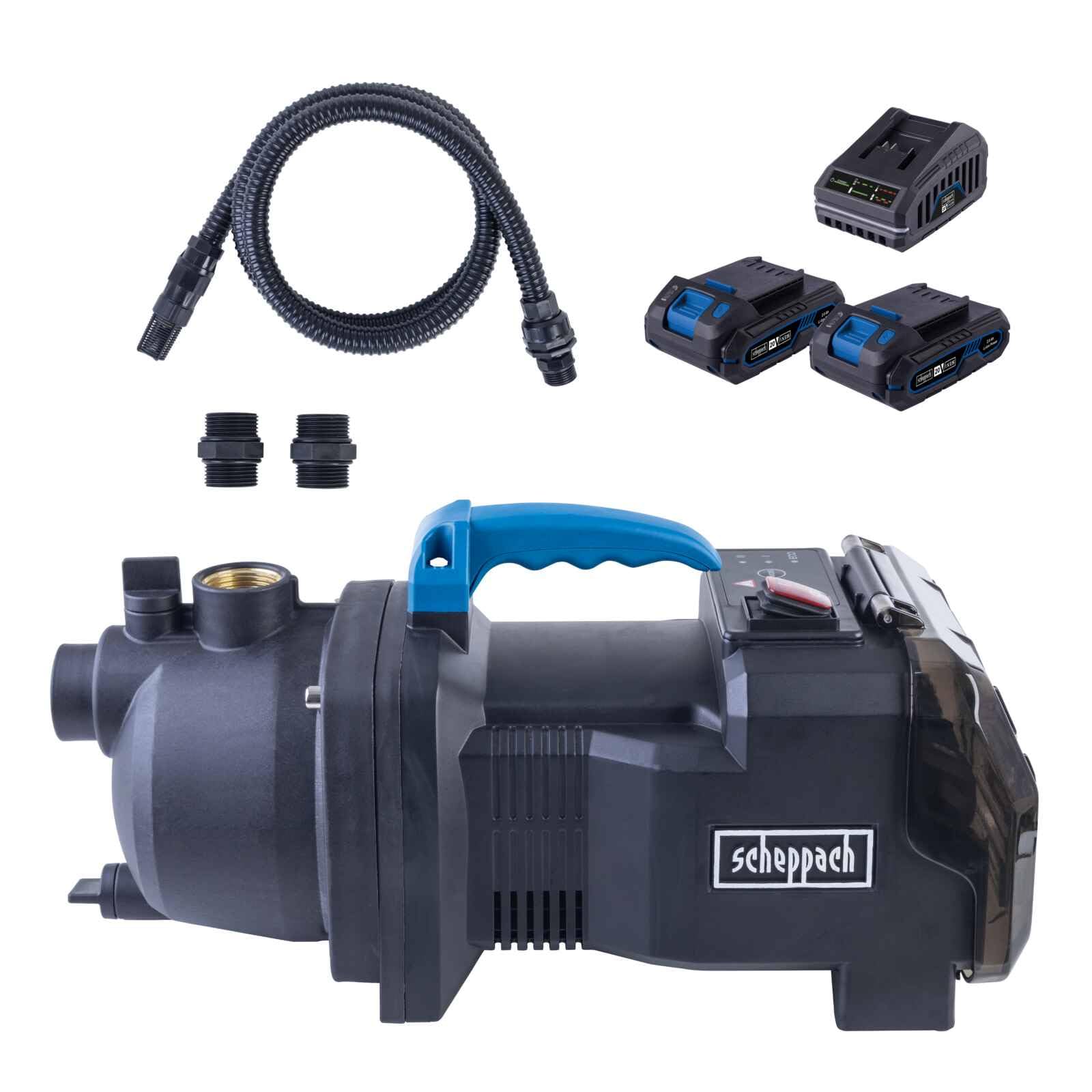 Scheppach Pompe de jardin sans fil C-GP3000-X – SET S2 - Série 20V IXES - débit max 3000 l/h - hauteur de refoulement 25 m - 2 batteries 2Ah + chargeur inclus