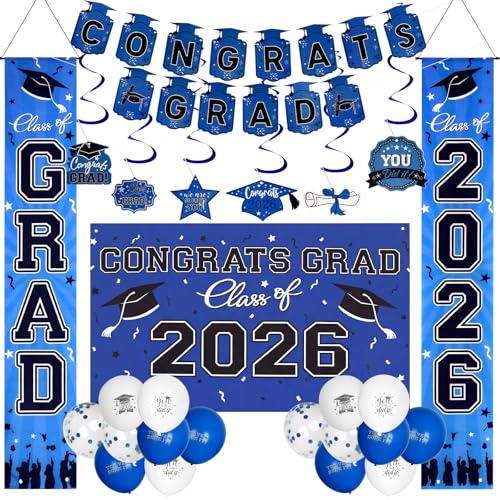 cnomg Graduation Decorations 2026 Set,Class of 2026 Party Supplies Blue with Congrats Grad Banner Backdrop Balloons, High School College Graduation Decorations