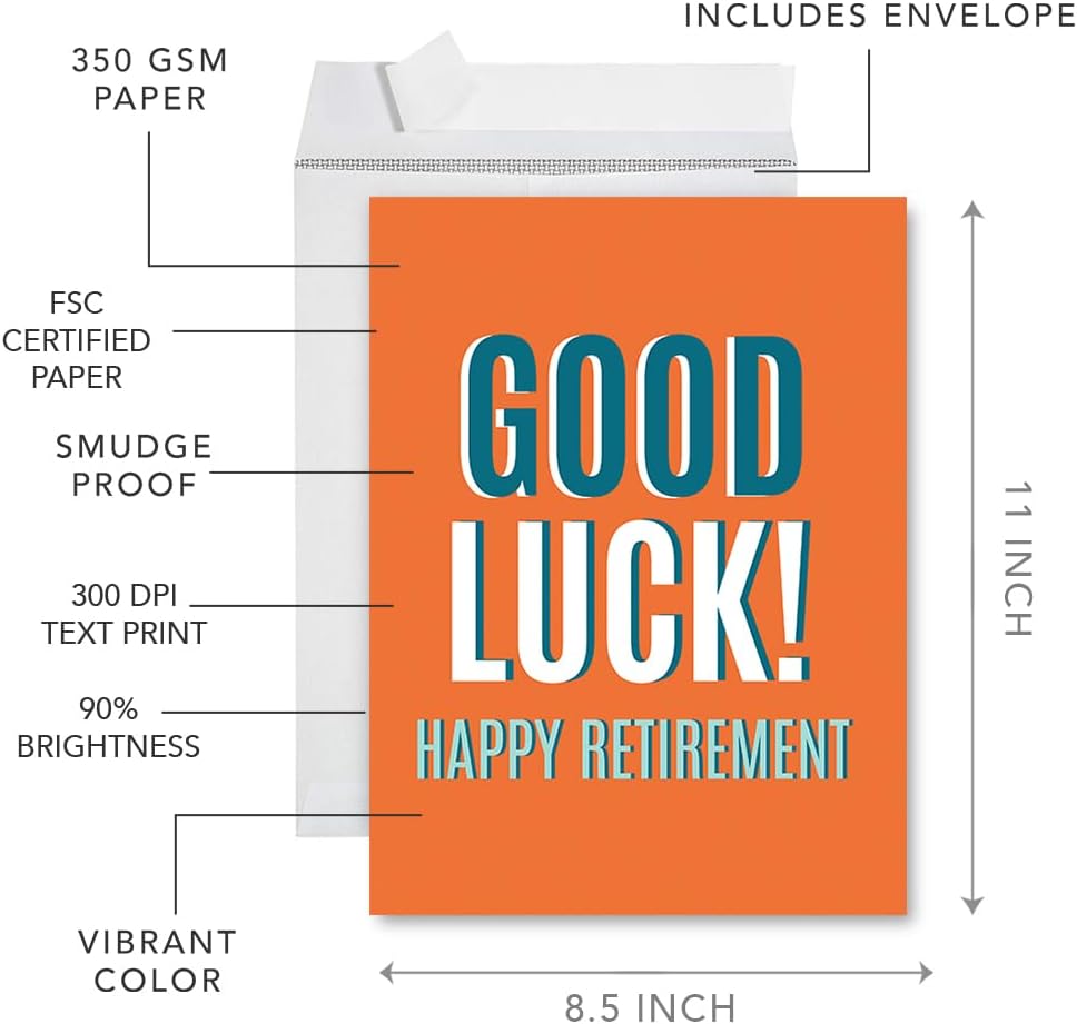 Andaz Press Funny Jumbo Retirement Card With Envelope 8.5 x 11 inch, Farewell Office, Good Luck! Happy Retirement 1-Pack, Includes Envelope