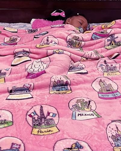 Home Soft Things World Collection Printed Flannel Fleece Blanket, 90"X90" Queen Size, Pink, Lightweight Soft Cute Comfy Throw Blanket Couch Bed Cover Fall Winter Use Kids #TOP4