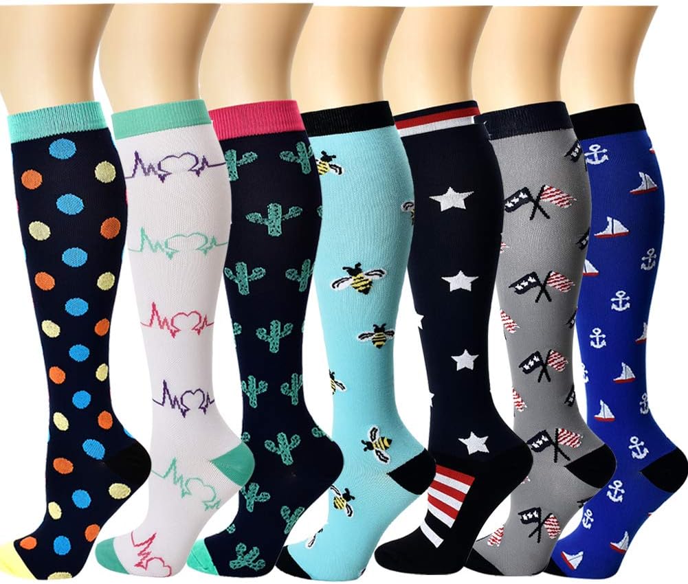 Compression Socks Women Men 20-30mmHg Knee High Plus Size 7 to 2 Pairs Graduated Compression Stockings for Nurse,Pregnancy,Running,Nursing,Medical,Travel,Flying,Athletic, Diabetic