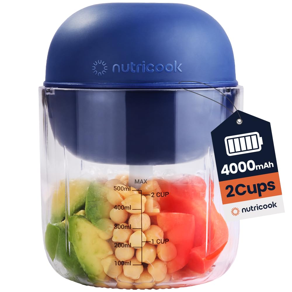 Nutricook Choppi Cordless Electric Vegetable Chopper & Mini Food Processor for Dicing, Shredding, Mincing, and Puree, Portable and Rechargeable, 2-Cup, 500 mL, 4000 mAh Battery, Blue