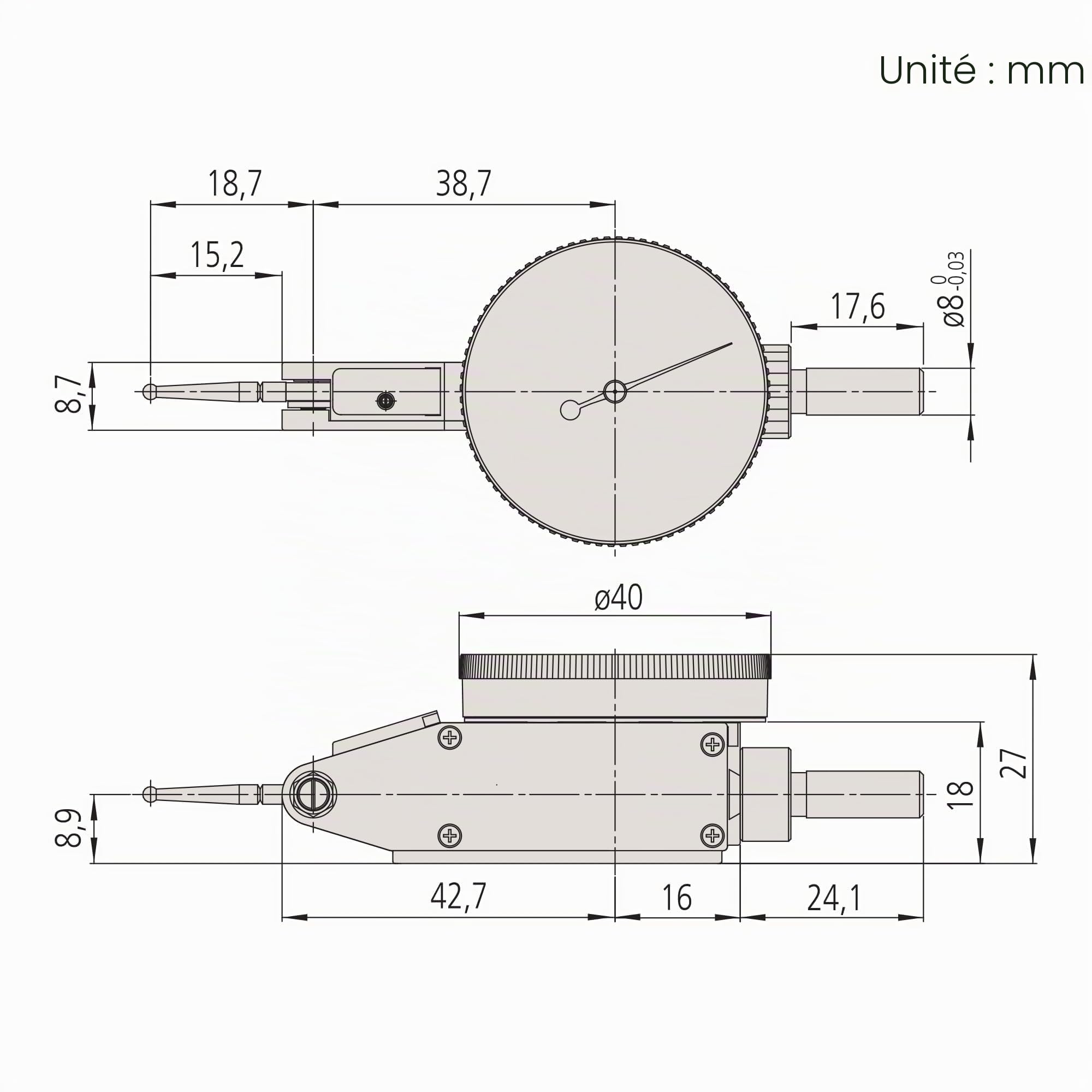 Mitutoyo 513-405-10E Indicateur de test horizontal de type 8 mm