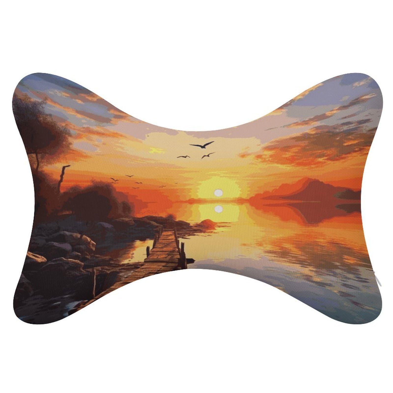 JTREHY Sunset Scenery Dog Bone Shaped Car Neck Pillow Headrest Neck Back Chiropractor Adjustable Strap Sofa Rest Chair Seat