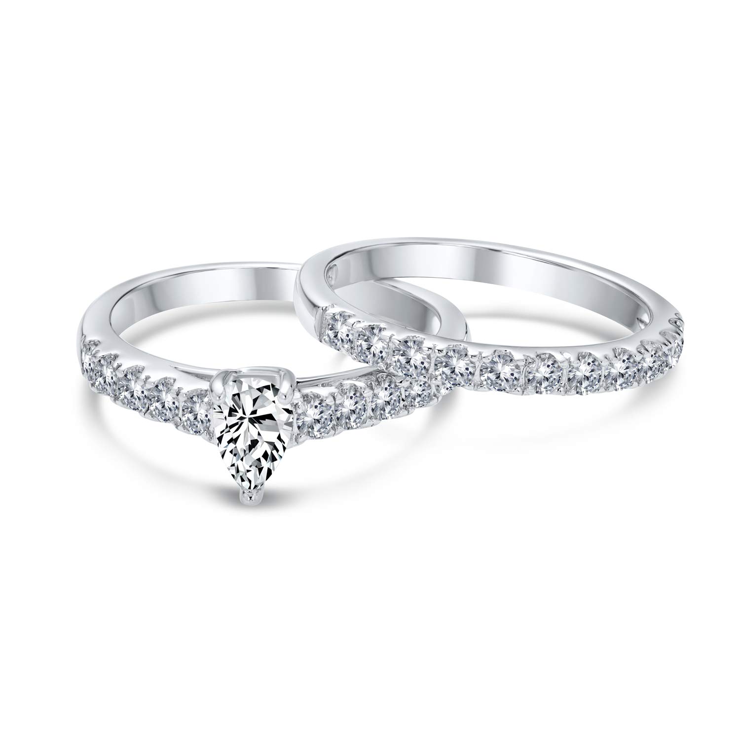 Personalizza Tradizionale 1CT Pera Zircone Cubico a Goccia o Rotondo Solitario Fede Sottile con Pavé AAA CZ Set di Anelli Anniversario Fidanzamento Matrimonio per Donna .925 Argento Sterling