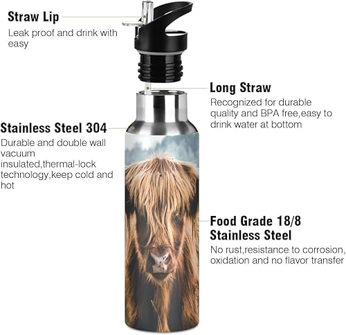 Miniatura 2 de xigua Highland Cow Botella de agua de doble pared de acero inoxidable a prueba de fugas termo para deportes, gimnasio, ciclismo al aire libre, 20