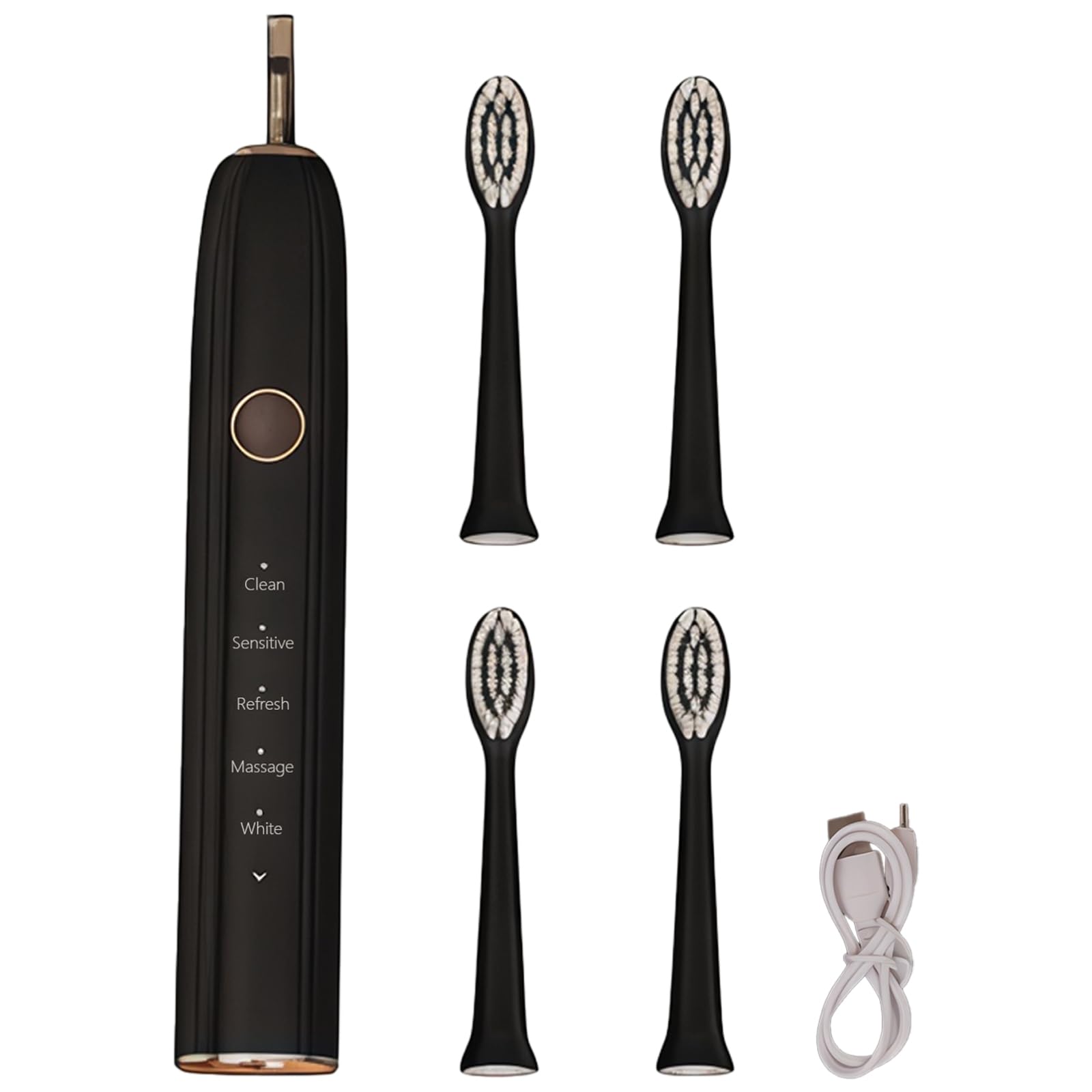 black electric toothbrush with soft bristles, 39,000 vibrations, wireless fast charge, 5 modes, 4 included brush heads