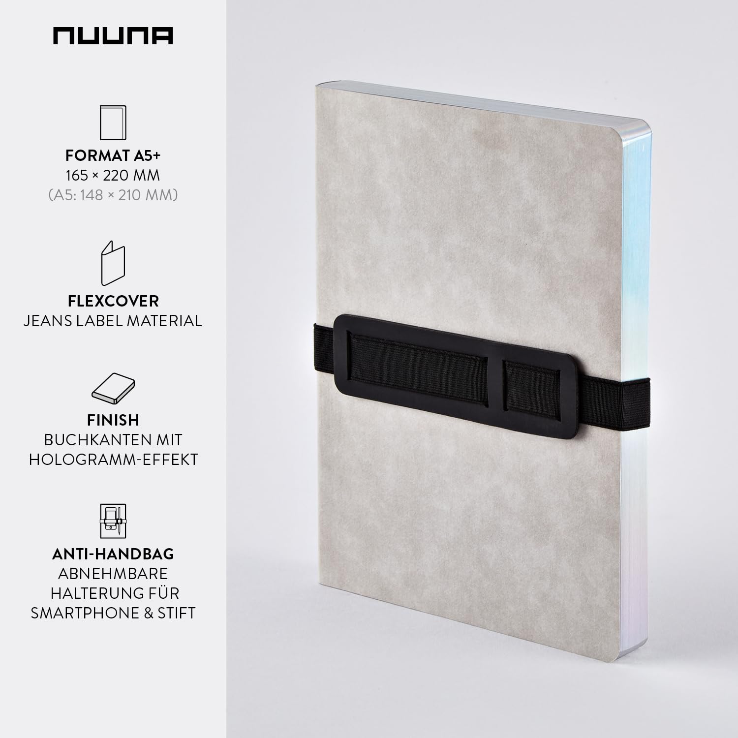 nuuna Voyager L - Taccuino A5+, a pois, 3,5 mm, 256 pagine numerate, carta premium da 120 g, materiale vegano, con supporto per penna e smartphone, prodotto in Germania