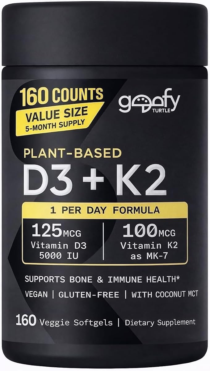 Vitamina D3 K2 deportiva con 5000 UI de D3 de origen vegetal y 100 mcg de vitamina K2 como MK-7, verificada sin OGM y con certificación vegana - 160 cápsulas blandas líquidas