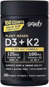 Sports Vitamin D3 K2 with 5000iu of Plant-Based D3 & 100mcg of Vitamin K2 as MK-7, Non-GMO Verified & Vegan Certified - 160 Liquid Softgels