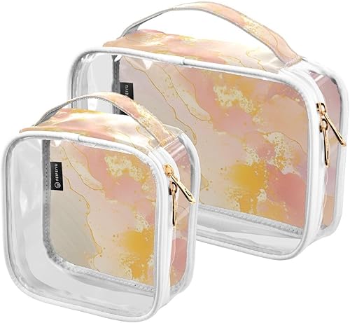 Neceser transparente de mármol amarillo acuarela para viajar, paquete de 2 bolsas de cosméticos de maquillaje con cremallera, bolsa de viaje para