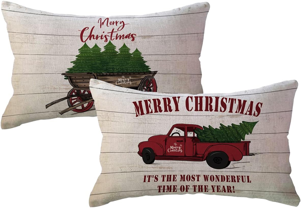 ULOVE LOVE YOURSELF 2Pack Merry Christmas Pillow Cover with Christmas Tree and Vintage Red Truck Pattern Home Decorative Rectangular/Waist Cushion Case 12 x 20 inches