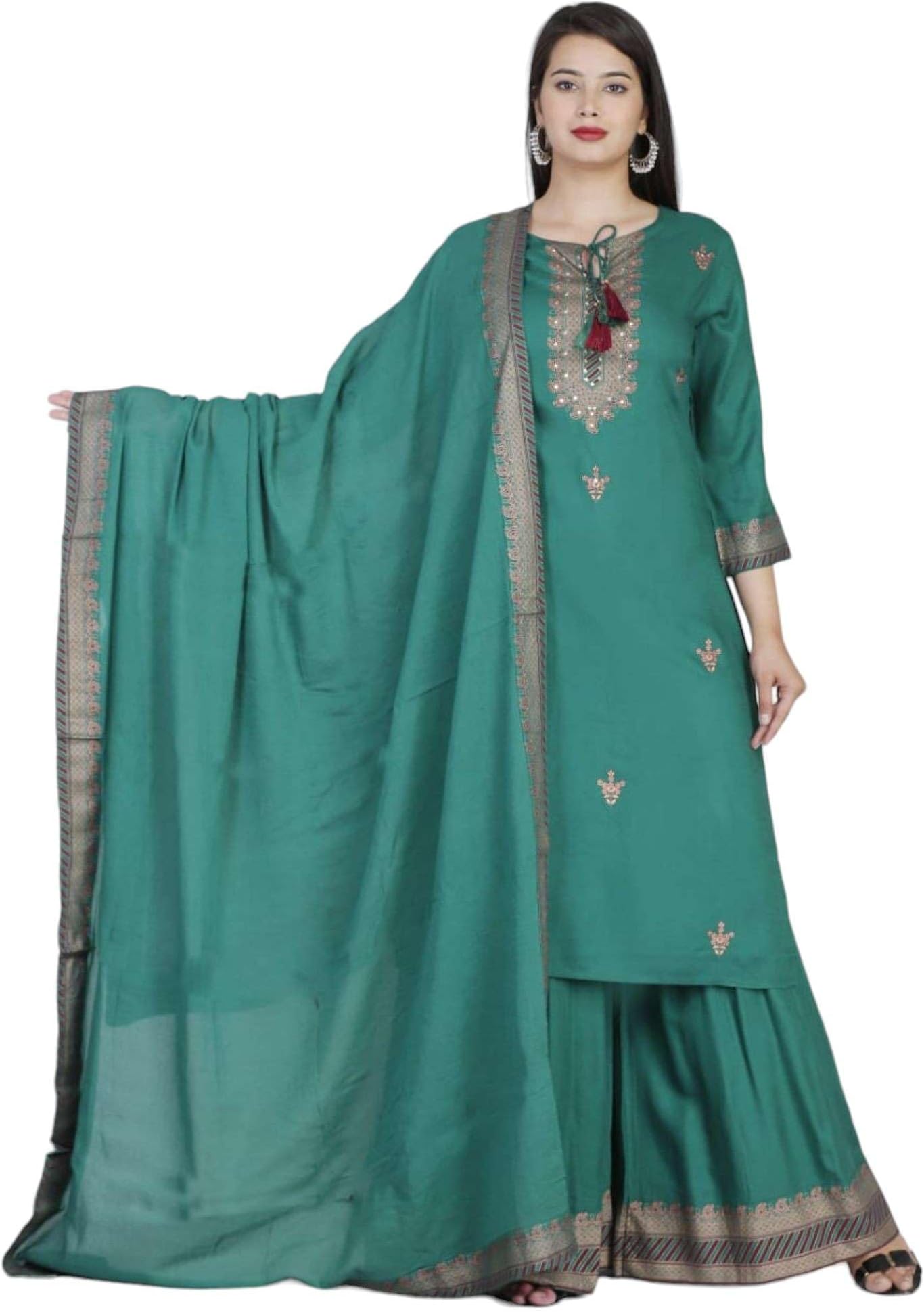 RatanCrafts Rayon Embroidery Women's Sharara Dress Pakistani Kurti Palazzo Set with Cotton Dupatta Ethnic Dress for Girls