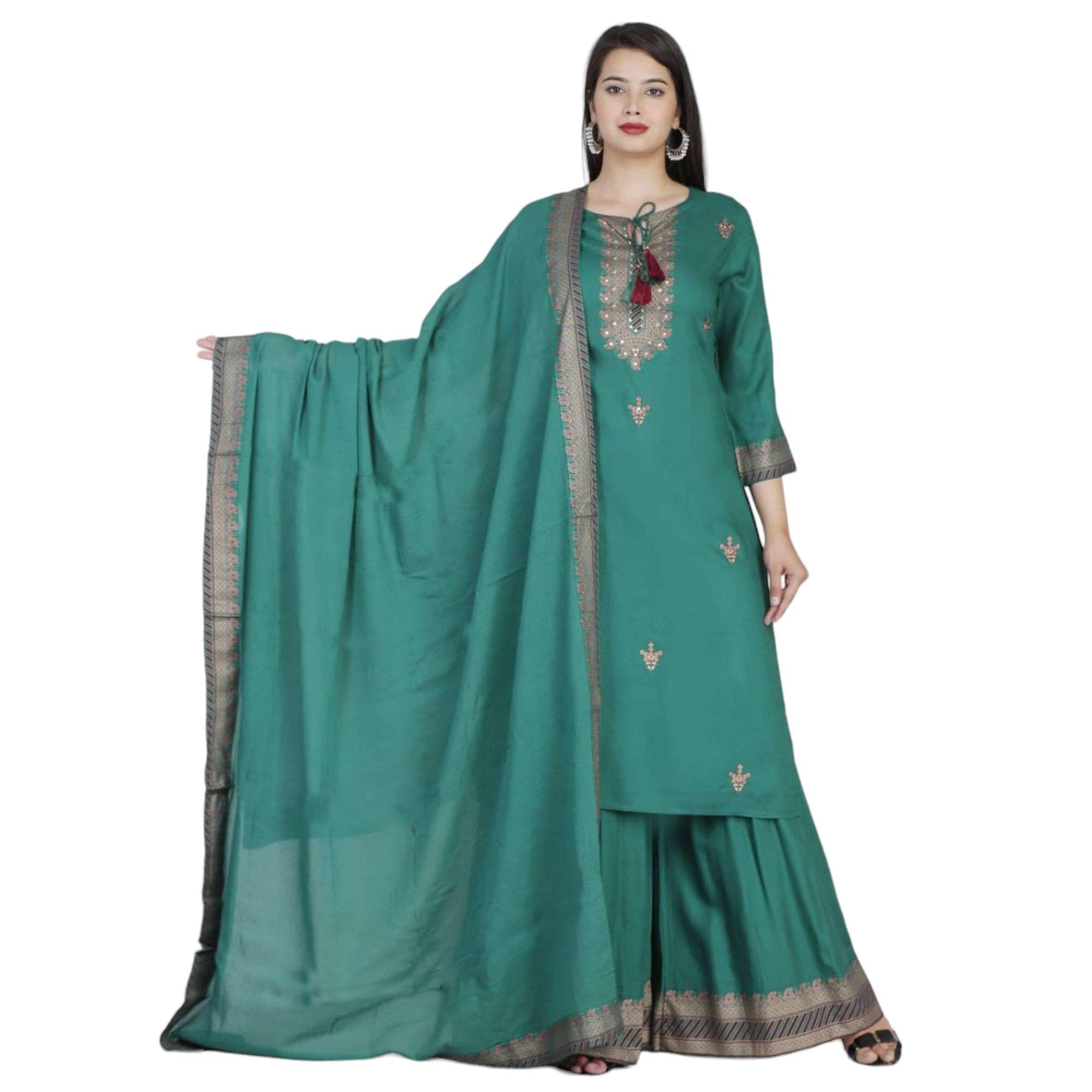 RatanCrafts Rayon Embroidery Women's Sharara Dress Pakistani Kurti Palazzo Set with Cotton Dupatta Ethnic Dress for Girls