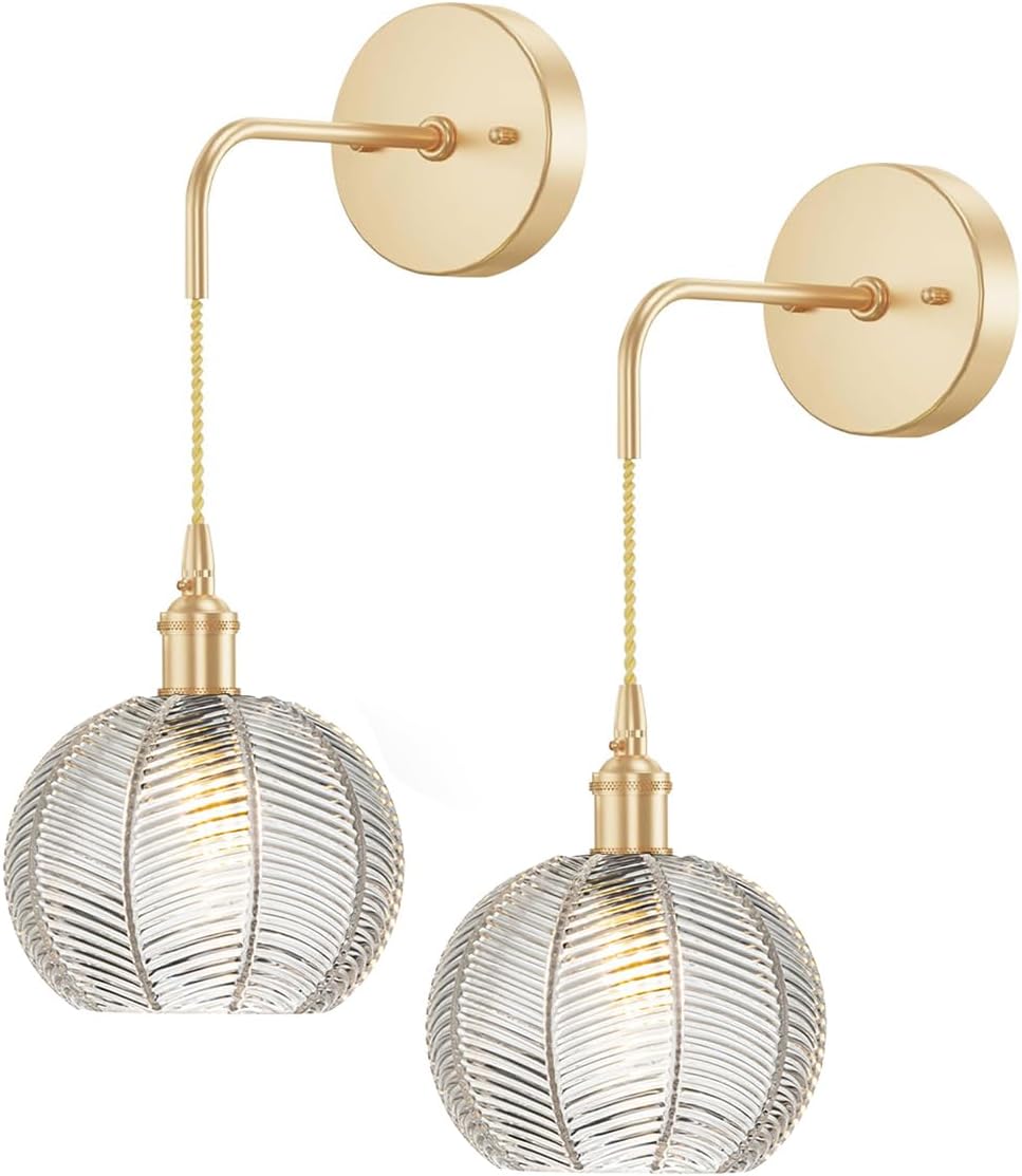 Adjustable Glass Wall Lamps,Gold Brass Wall Sconces Modern Bathroom Vanity Light Fixtures with Clear Ribbed Glass Shade Mid Century Globe Wall Lamp for Bedroom Living Room Hallway