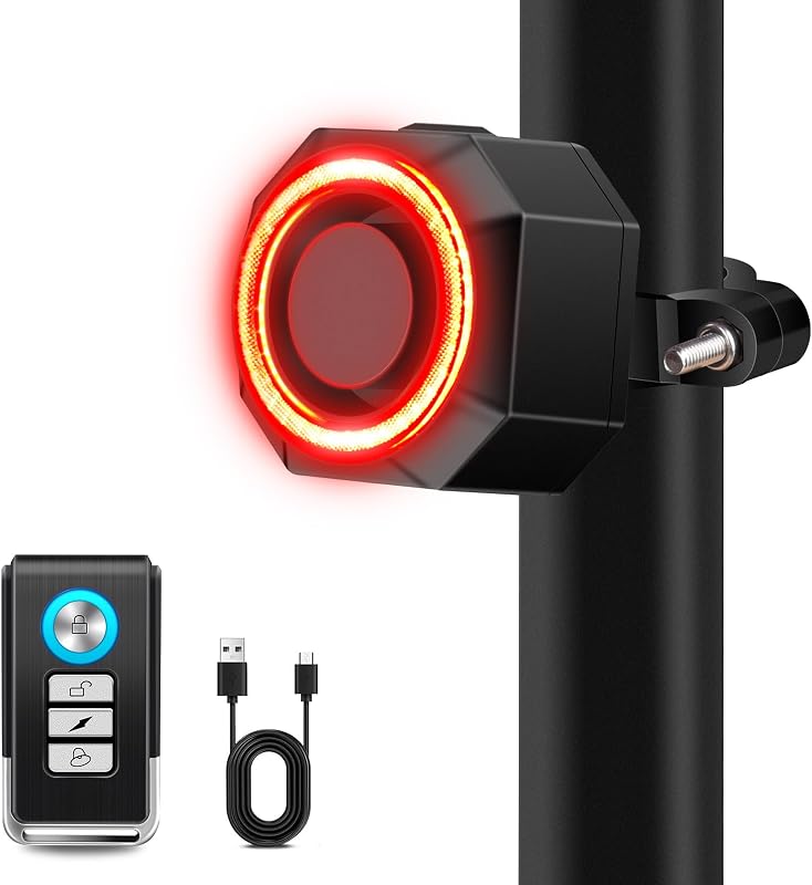 Cruxer 110dB Bike Alarm with 160 LM Rear Light, USB-C Recharge with Remote | 3 Ringtone & 3 Volume & 7 Sensitivity, 4 Lighting Mode, Auto ON/OFF Smart Brake Light, IP65 Waterproof, Anti-Theft Vibration