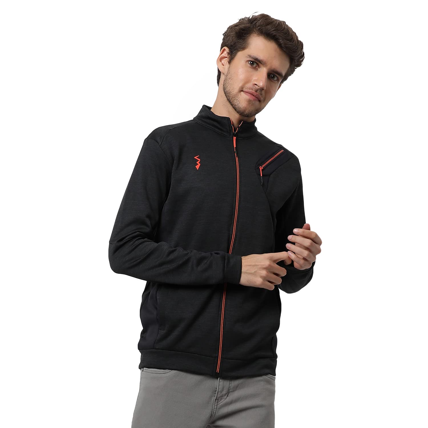 Men's Black Heathered Activewear Jacket with Reflective Detail for Casual Wear | Hooded Neck | Long Sleeve | Zipper Closure | Polyester Jacket Crafted with Comfort Fit for Everyday Wear