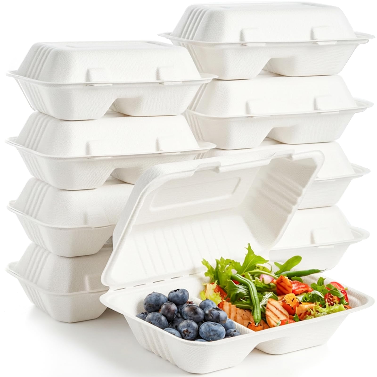 Elsjoy 90 Stück Clamshell Take Out Container, 2 Menübox Einweg 2-geteilt rechteckiger,Weiße lunchboxen mit klappdeckel ideal,Einweg To Go Boxen Zuckerrohr Verpackungen