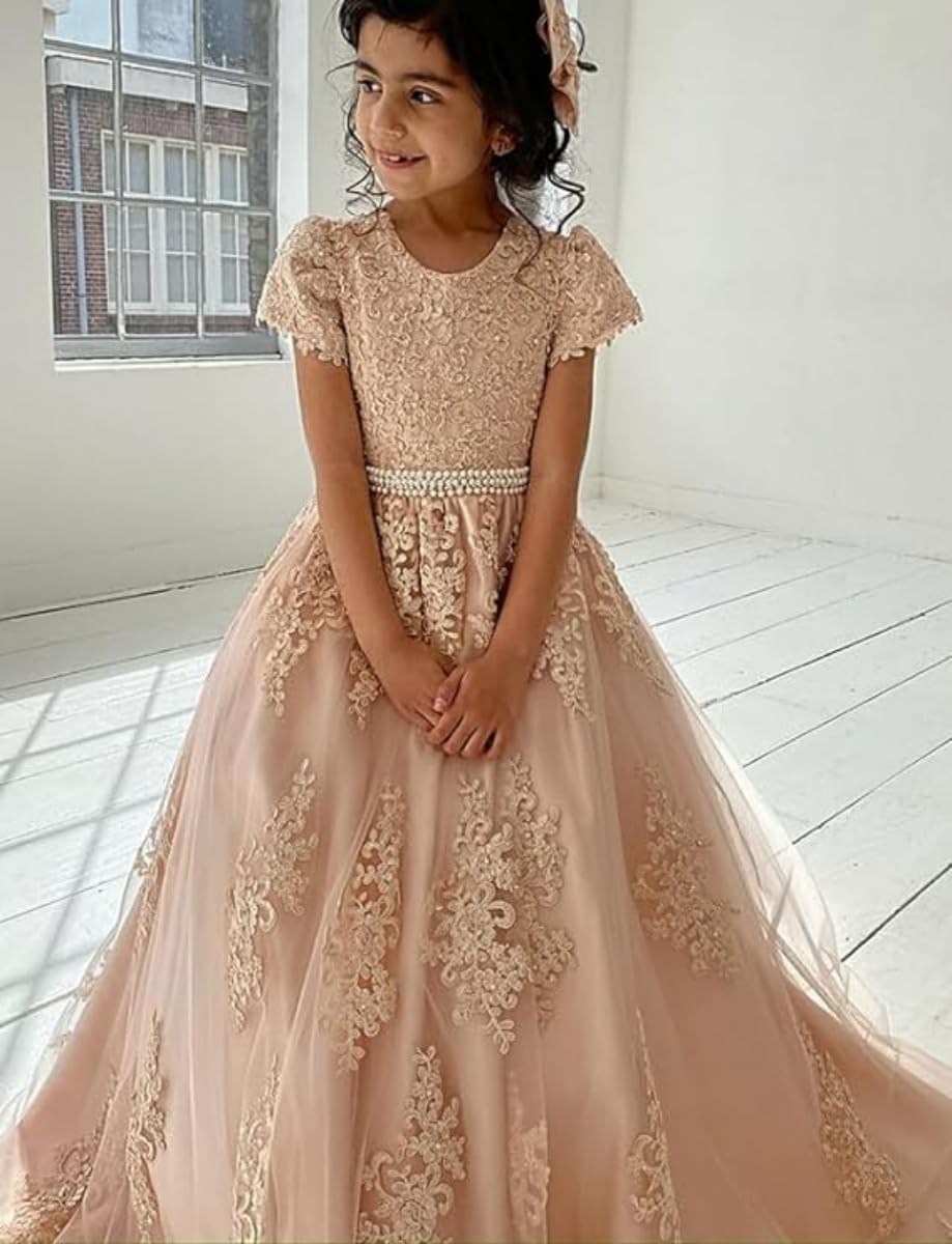 Abito da sposa di lusso della ragazza del fiore delle ragazze del vestito da cerimonia nuziale delle ragazze abiti di sfera dell'applique