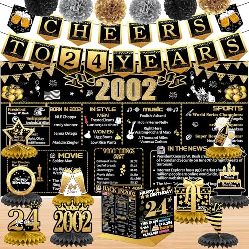 24th Birthday Decorations for Her Him, 18PCS Black Gold Back in 2002 Banner Decorations, Bday Backdrop, 24 Year Old Banner for Daughter Son, Birthday Card, 6 Paper Poms 9 Honeycomb Balls