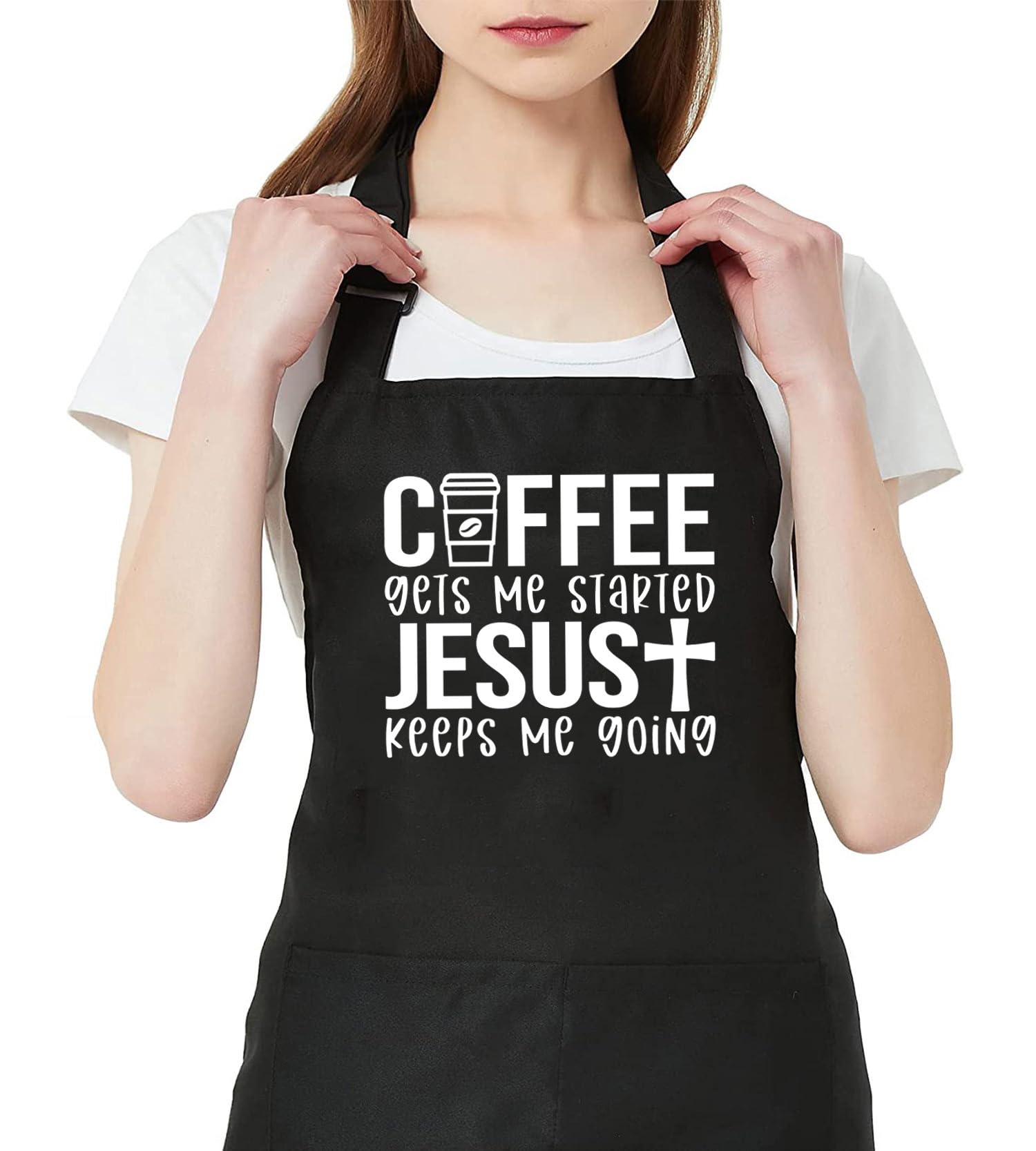Coffee Gets Me Started Jesus Keeps Me Going - Delantal para mujer con 2 bolsillos, impermeable, ajustable, regalo cristiano, Negro -, regular