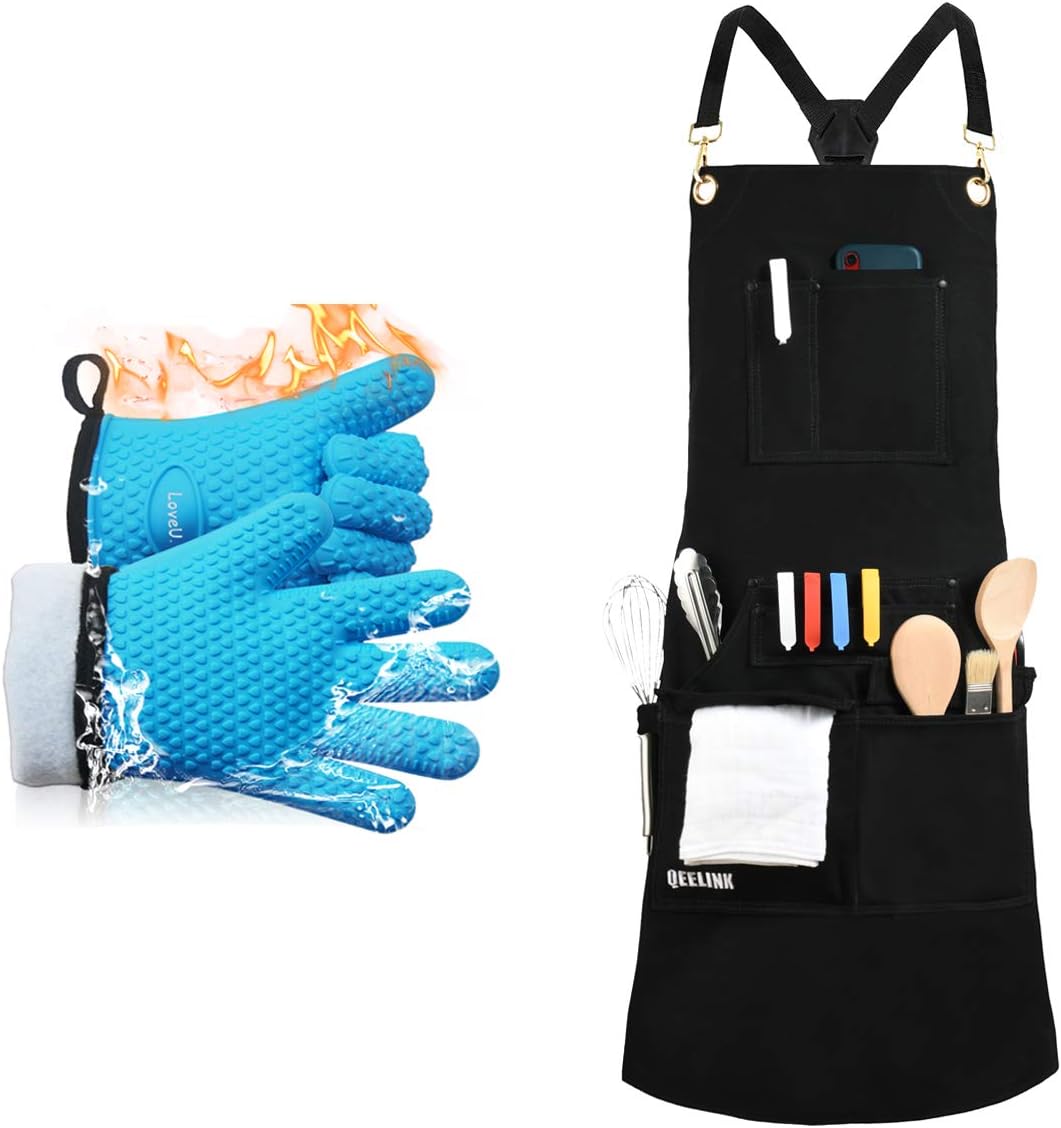 Oven Gloves with Chef Apron - Heat Resistant Oven Mitts with Waterproof Apron - Perfect for Baking, Grilling and Kitchen, Blue, One Size Fit Most