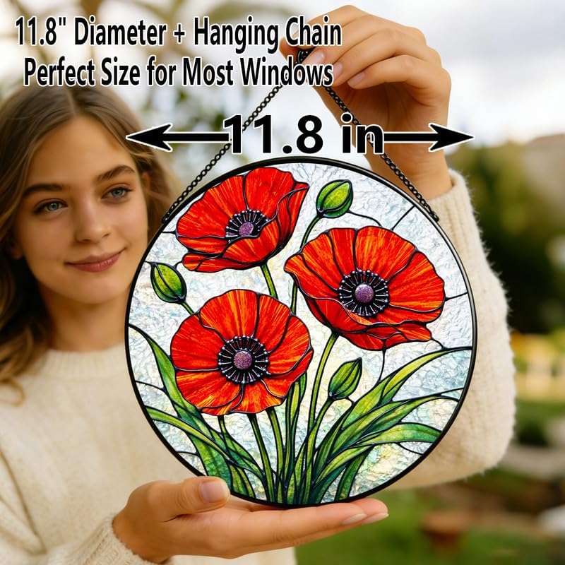 Stained Glass Window Hanging Suncatcher 11.8 in Red Poppy Flower Colorful Glass Panel Sun Catcher for Window， Flower Window Hanging Decor for Home， Housewarming Gift