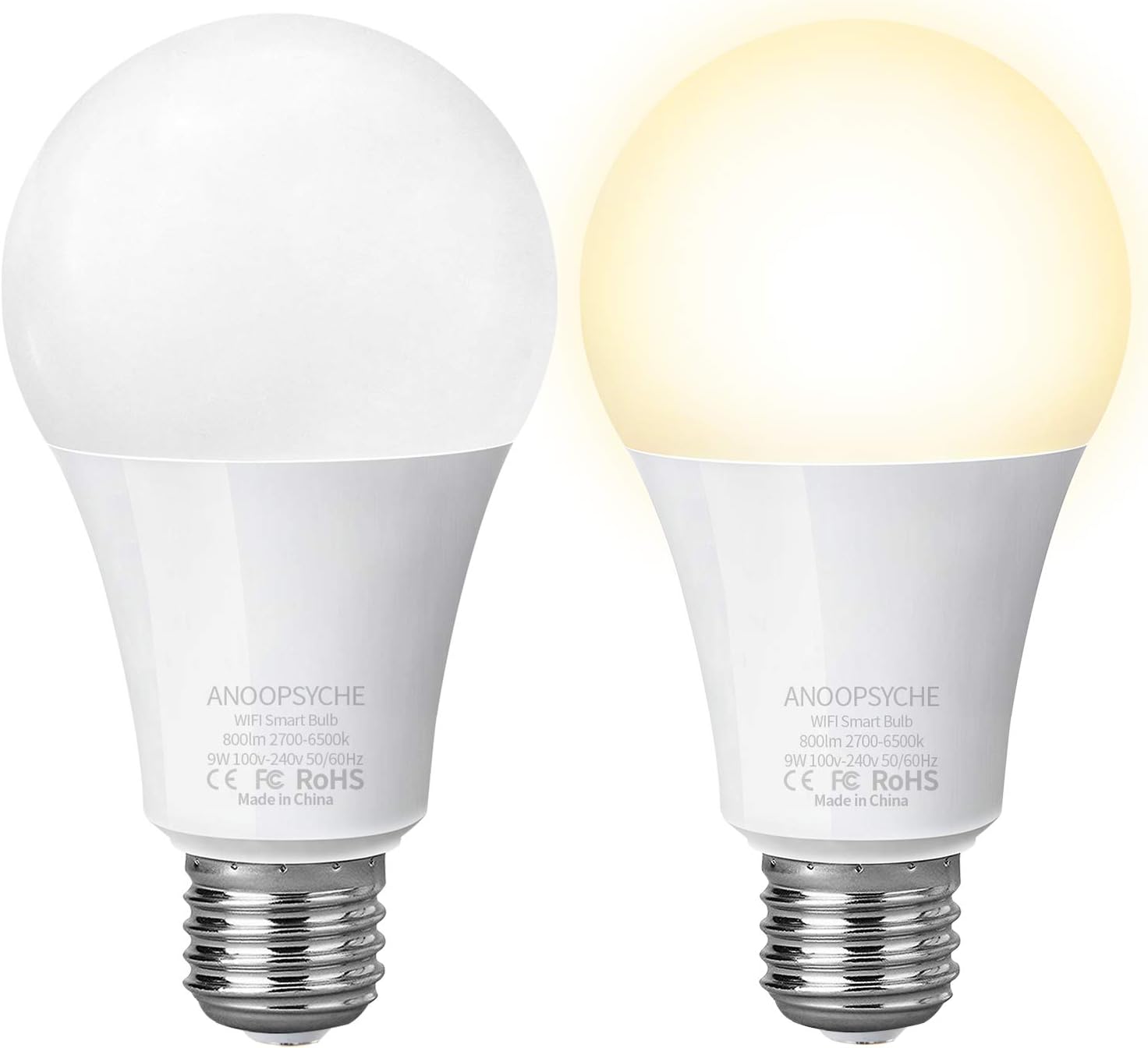 Anoopsyche Smart Light Bulb Wi-Fi LED Bulb 9W 800LM Compatible with Amazon Alexa Echo and Google Home Assistant No Hub Required Dimmable 2700K-6500K Daylight Night Lights (2 Pack)