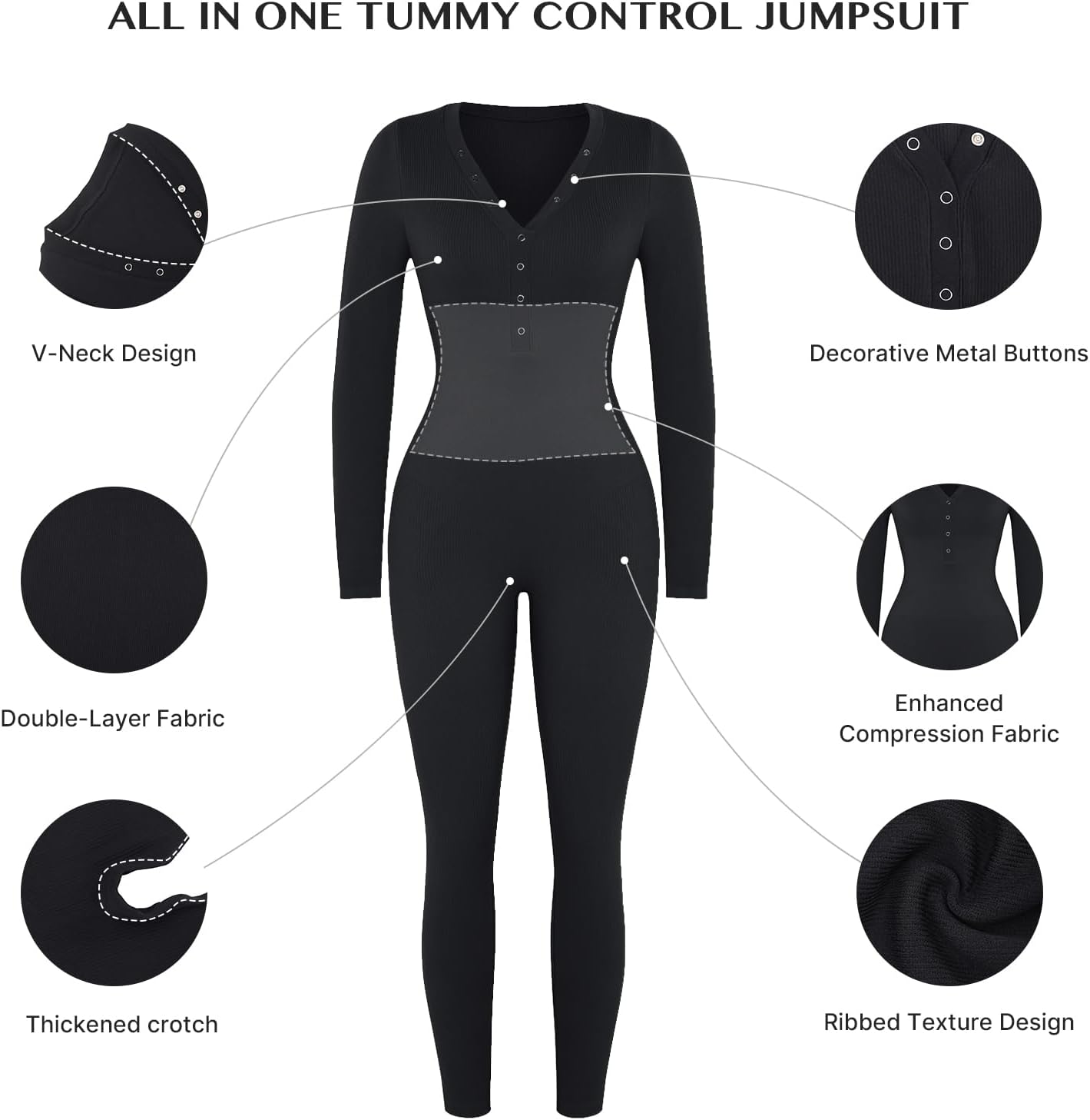 FeelinGirl Women's Long Sleeve V-neck Bodycon Jumpsuit One-piece Seamless Ribbed Romper Long Skinny Pants Bodysuit - Image 5