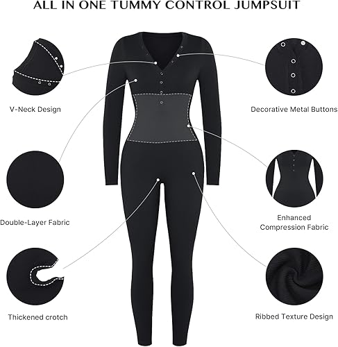 Vista 5 de FeelinGirl Mono de manga larga para mujer, cuello en V, entallado, largo completo, acanalado, para entrenamiento