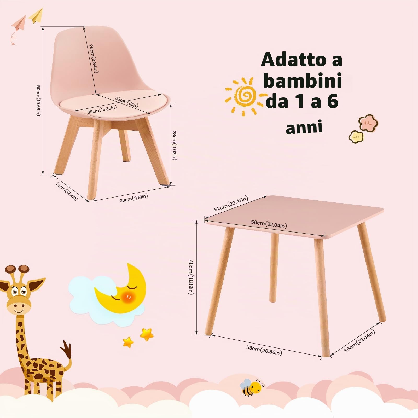 Set di 2 Sedie per Bambini Con Gambe in Legno, Sedia Piccola in PP+PU Con Schienale per Cameretta, Sedia da Scrivania Ideale da 1 a 6 Anni, Rosa