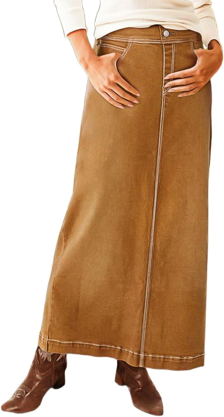 Flamingals Straigh High Rise Vintage Split Back Contrast Stitch Detail Denim Skirt