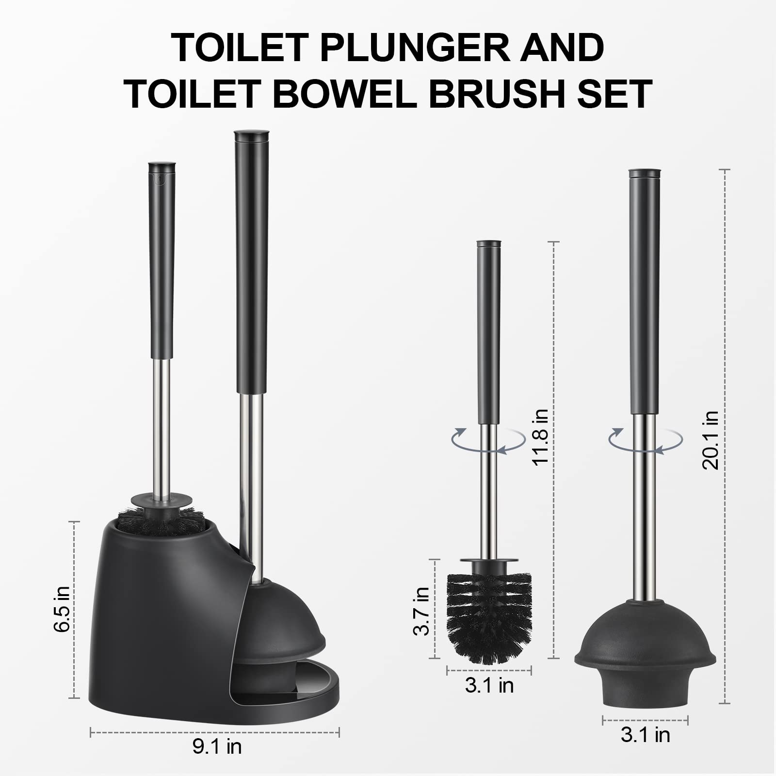 Geelincle Toilet Plunger and Brush Set, Toilet Plunger with Holder for Bathroom Cleaning, 2 in 1 Heavy Duty Plunger Set with Strong Suction and Unique Water Storage Design - Black