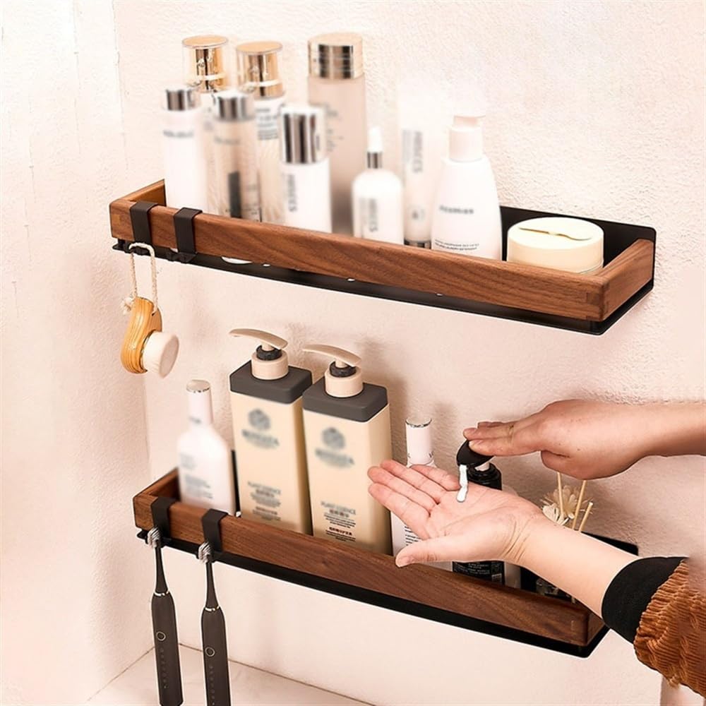 Mensole Bagno Portaoggetti da doccia for l'arredo del bagno con doccia interna, organizer rettangolare da parete con corrimano in legno e porta spazzolino Porta Shampoo Doccia(Natural,40cm)