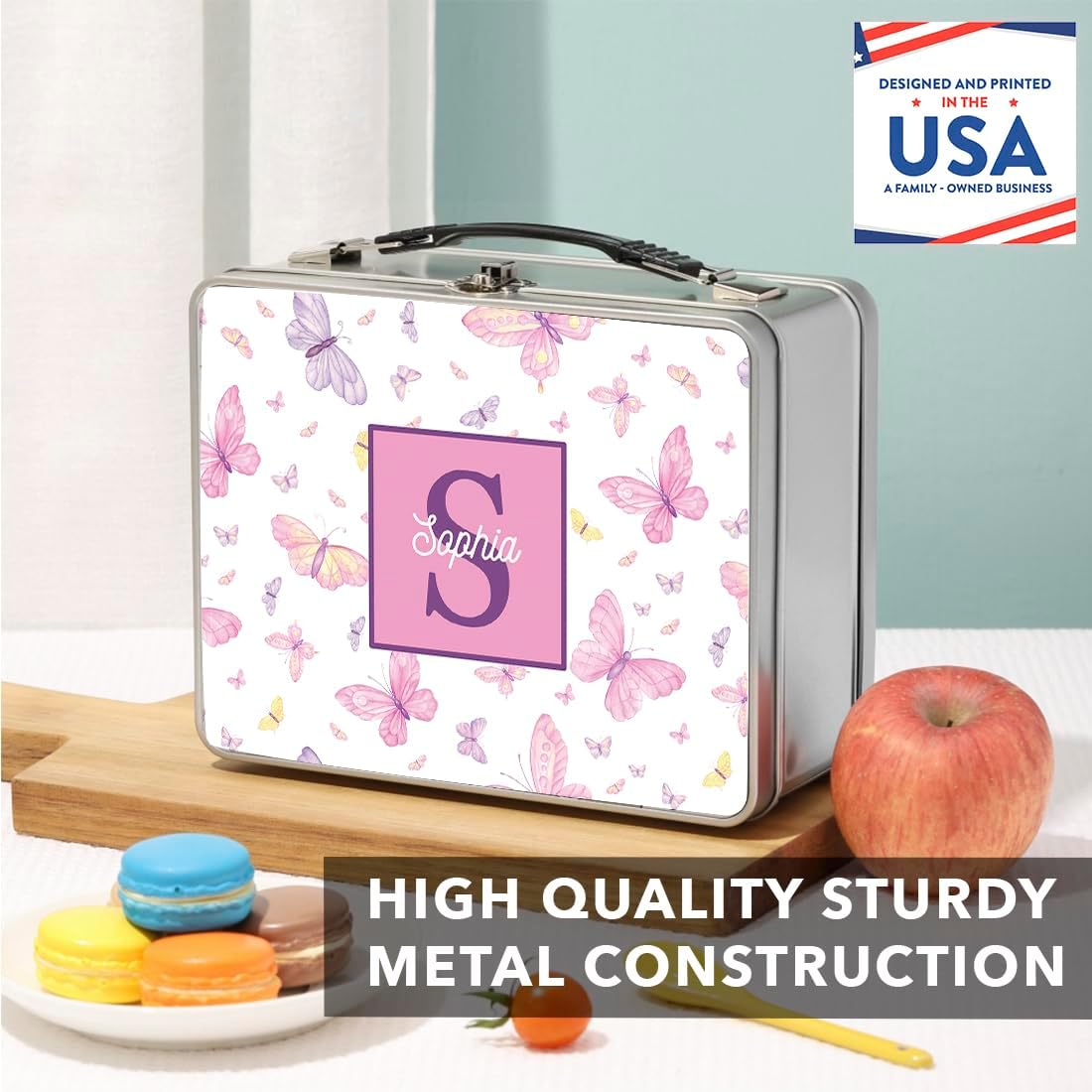 Andaz Press Personalized Stainless Steel Lunch Boxes Kids, 8.6" X 6.6" Custom Metal Lunch Box, Butterflies Lunch Box, Easy To Open Retro Lunch Boxes, Bpa Free Vintage Tin Boxes