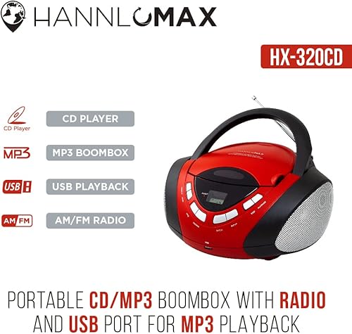Miniatura 5 de HANNLOMAX Boombox de CDMP3 HX-320CD, radio AMFM, puerto USB para reproducción de MP3, entrada auxiliar, pantalla LCD, fuente de alimentación dual