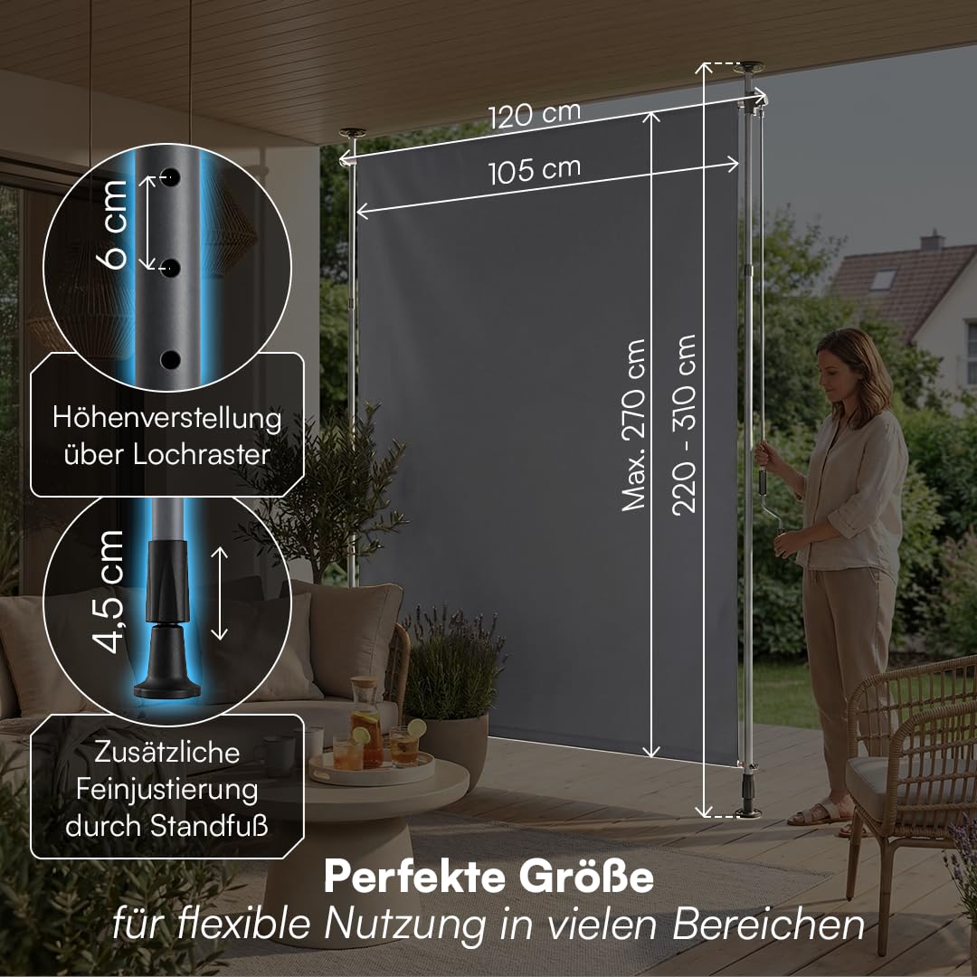 STEELSØN Serelia Senkrechtmarkise 120x310 cm – Vertikalmarkise außen Antharzit – Sichtschutz Balkon wetterfest – Klemmmarkise als Sonnenschutz & Windschutz – Balkonmarkise ohne Bohren – Outdoor-Rollo