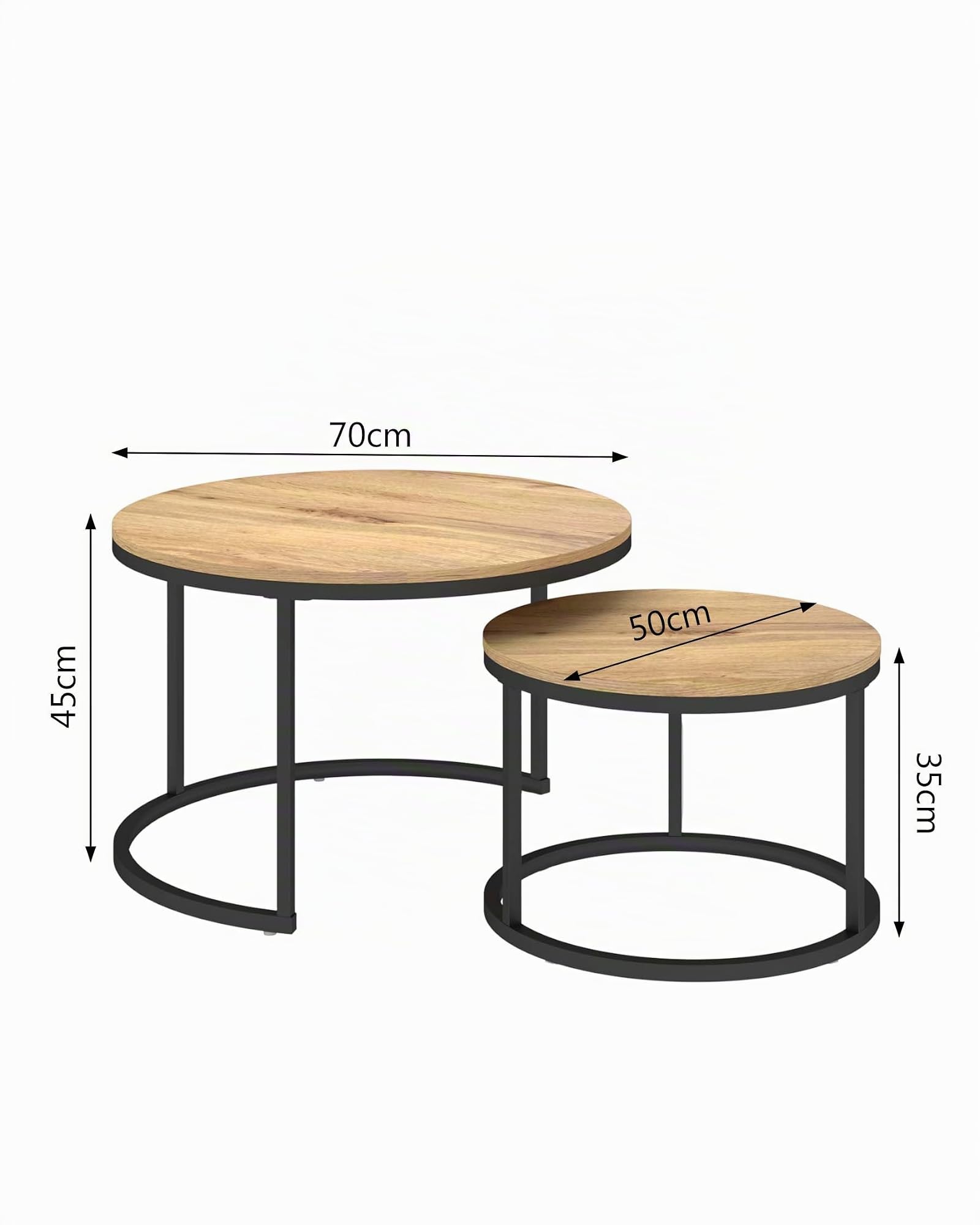 Set di 2 Tavolini da Salotto Legno Rotondi, Tavolino Basso da Caffè ad Incastro 70+50cm, Tavolini d'Appoggio Salvaspazio Stile Industriale in Legno e Metallo Nero per Soggiorno
