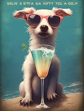 Enjoying Cocktails with Sunglasses Dog Diamond Painting Kits, Summer Beach Adult Children Full Round Diamond Dots Cross Stitch Kit, for Room Decor Gift 8x12Inch