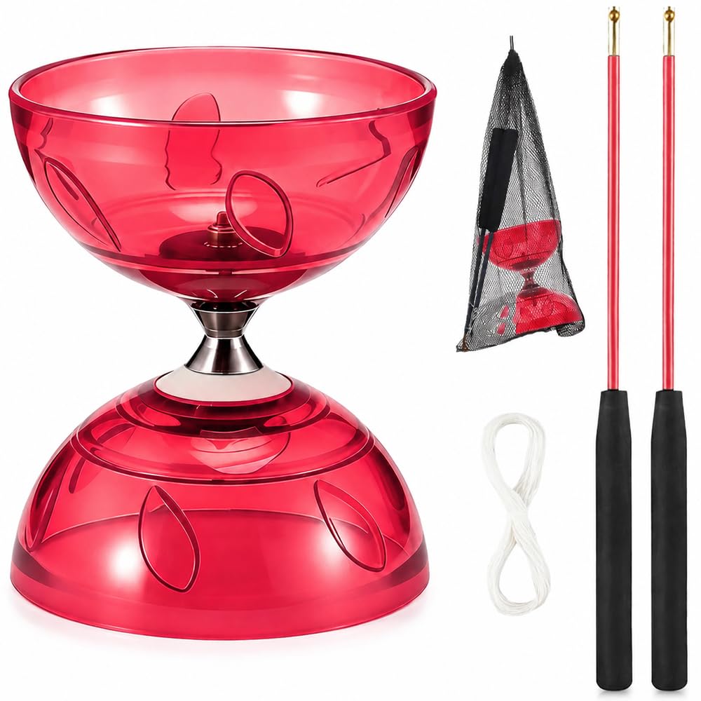 WDKXCN Diabolo with Ball Bearings, Diabolo Juggling Set with LED Light and Handsticks, Transparent Soft Rubber Juggling Set with Replacement Cord and Mesh Bag, Leisure Sports for Beginners