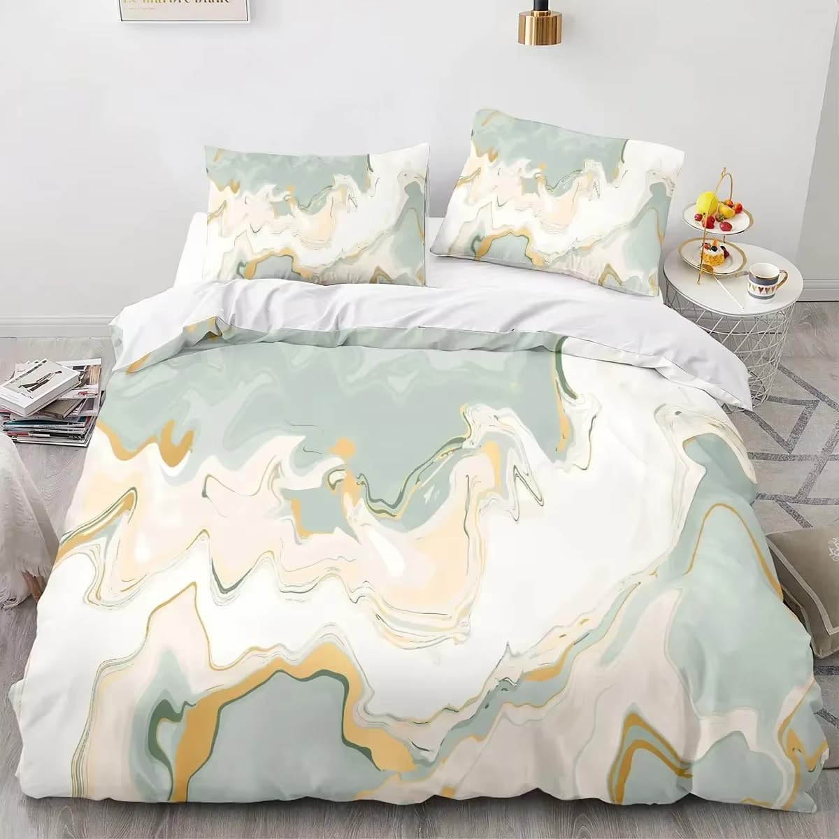 Housse de couette en marbre blanc et vert pour transformer l'ambiance de la chambre