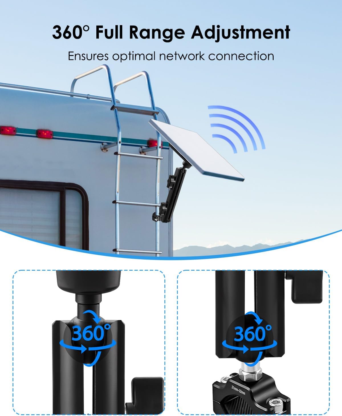 Starlink Mini Mount, Adjustable Mounting Kit with Pipe Clamp for Starlink Internet Kit Satellite, Car Roof Bracket for Tube OD 0.8-1.25", Clamp Mount Suitable for RV Yacht Camper Guardrails and more