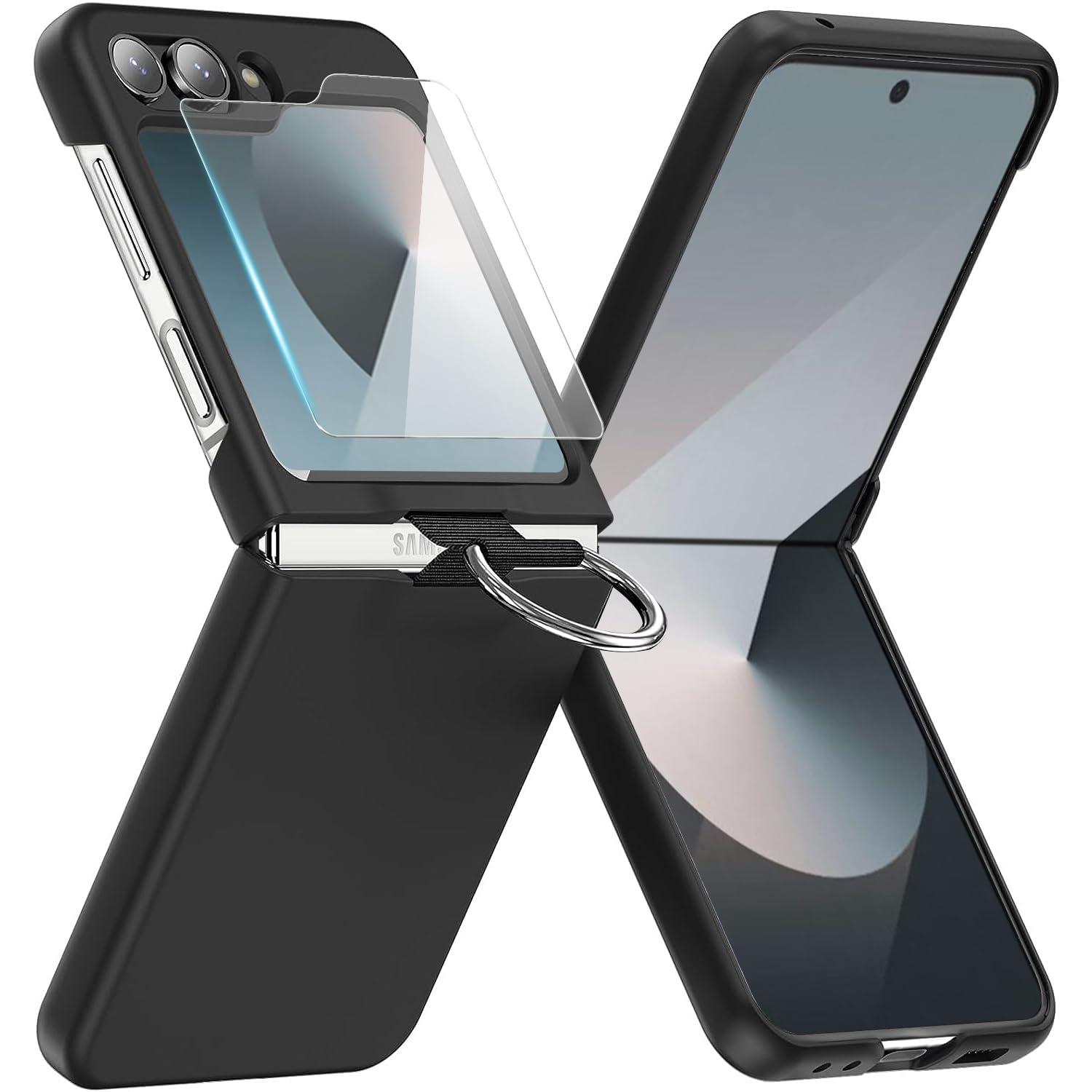 for Samsung Galaxy Z Flip 6 Case with Ring, Protective Cover with Screen Protector, Shockproof Phone Case for Samsung Galaxy Z Flip 6 5G, Black