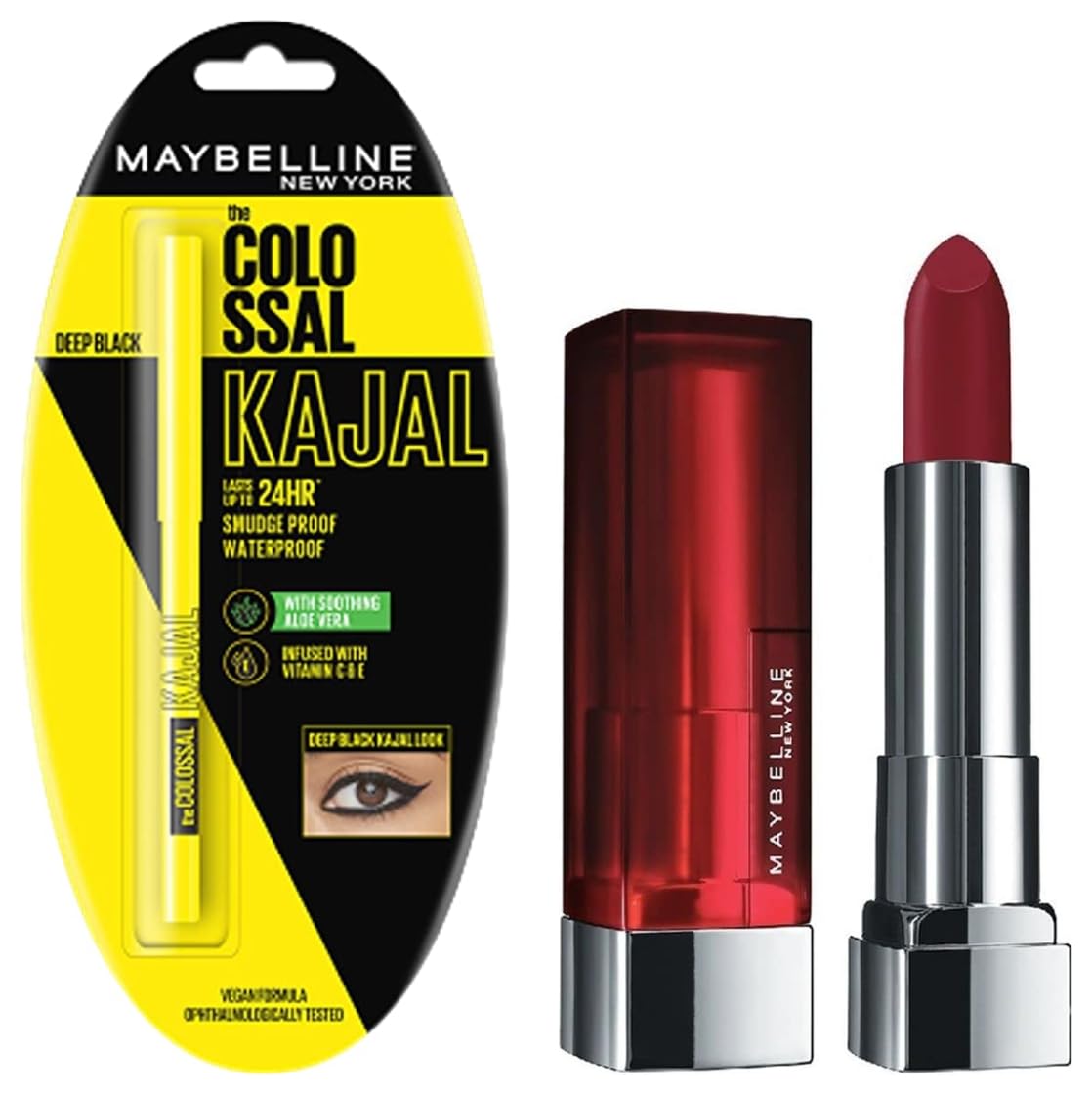 Maybelline New York Colossal Kajal, Black, 0.35g & Maybelline New York Color Sensational Creamy Matte Lipstick, 695 Divine Wine, 3.9g