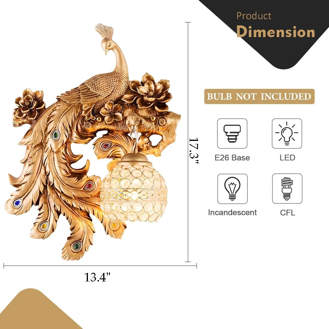 Peacock Wall Sconces, Creative Animal Wall Light Fixture with Crystal Globe Shade, 17.3'' Retro Antique Art Decor Wall Lamp, Gold Peacock Wall Mount Light for Living Room Hallway